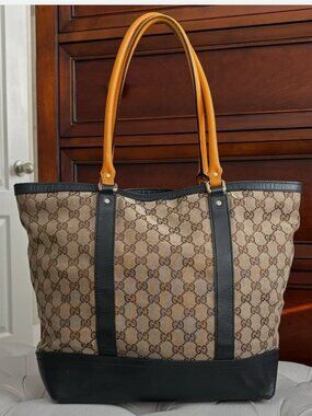 Gucci Beige GG Canvas Tote with Navy Blue Leather and Tan Handles